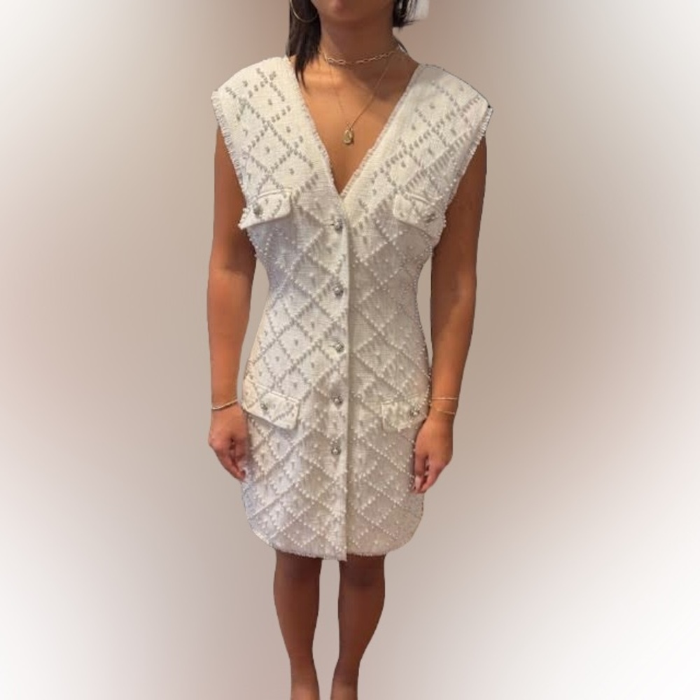 White Sleeveless Button-Up tweed dress